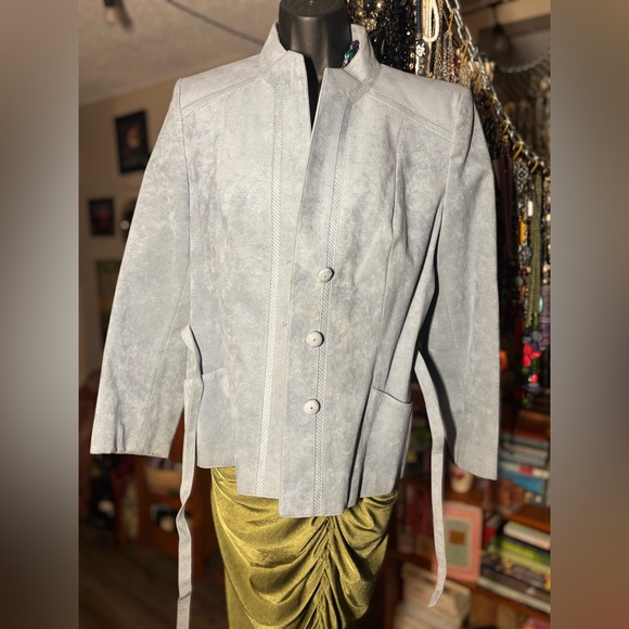 Vintage Made in Canada Faux Suede Belted Jacket • Mandarin Collar • Blue Blazer - Picture 4 of 16